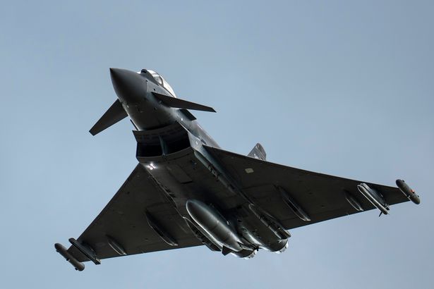 CONINGSBY, ENGLAND - MAY 16: A British Royal Air Force Eurofighter Typhoon fighter aircraft flies at RAF Coningsby on May 16, 2023 in Coningsby, England. RAF Coningsby is home to three front-line Eurofighter Typhoon FGR4 units, No. 3 Squadron, No. 11 Squadron and No. 12 Squadron. It is also the training station for Typhoon pilots. (Photo by Christopher Furlong/Getty Images)