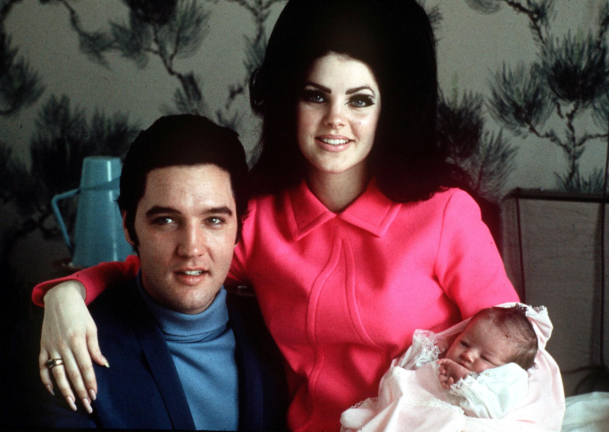 Elvis Presley with wife Priscilla and daughter Lisa Marie, at Baptist hospital in Memphis, Tenn., Feb 5, 1968