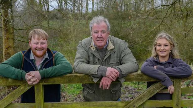 Kaleb Cooper, Jeremy Clarkson and Harriet Cowan on Clarkson's Farm