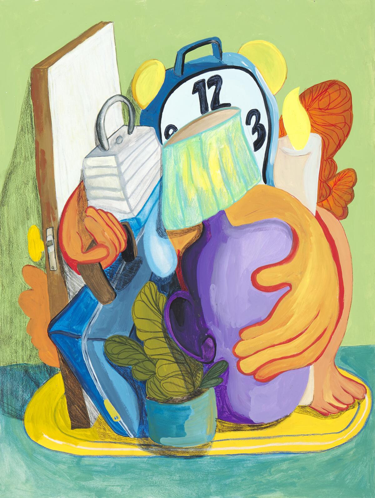 Surrealist painting featuring a clock, a padlock, a lamp and a candle.