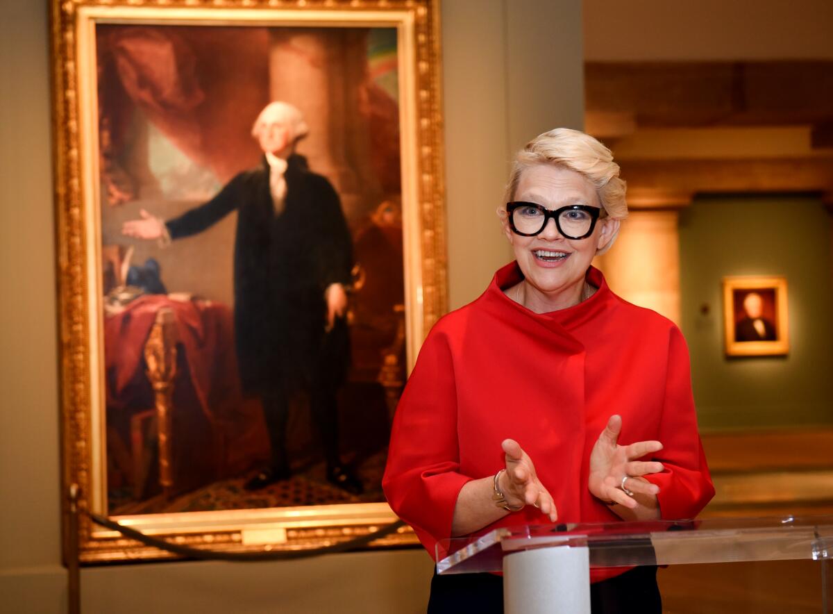 Museum director Kim Sajet speaks at the start of the press preview for the reopening of "America's Presidents" in 2017.