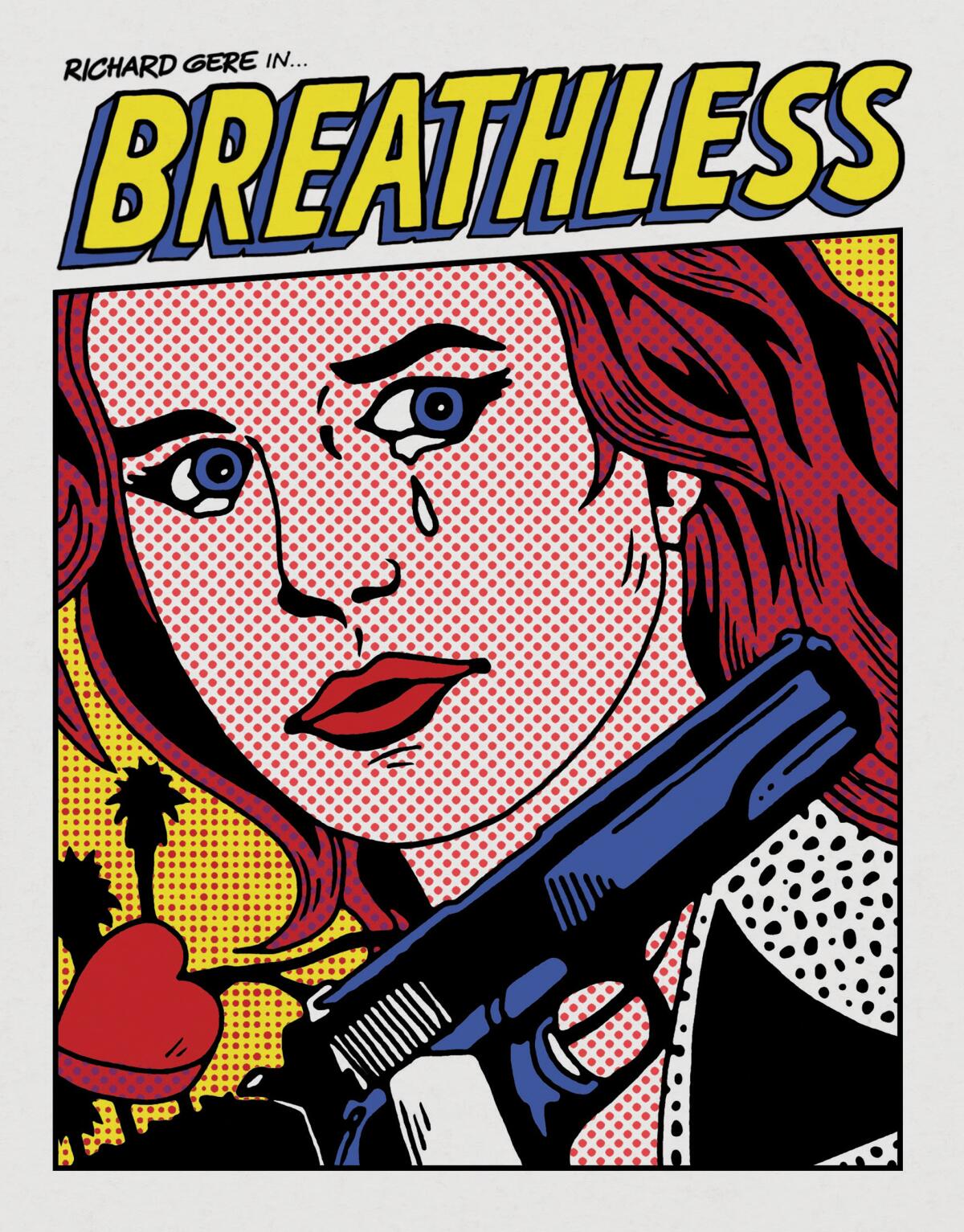 A crying woman brandishes a pistol in a cartoon image for a home video cover.