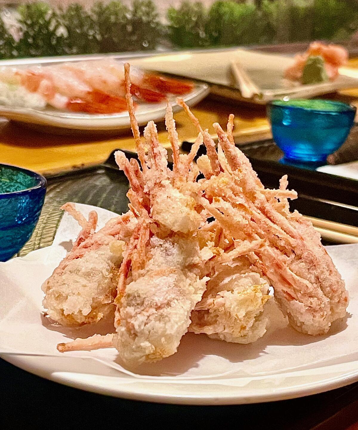 Fried shrimp heads served with sweet shrimp at Hama Sushi in downtown L.A.'s Little Tokyo.