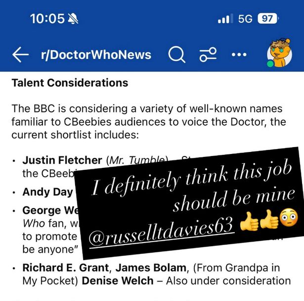 Photo of a Reddit thread speculating about the cast of a CBeebies version of Doctor Who, with Denise Welch having teased over the prospect in the caption over it.