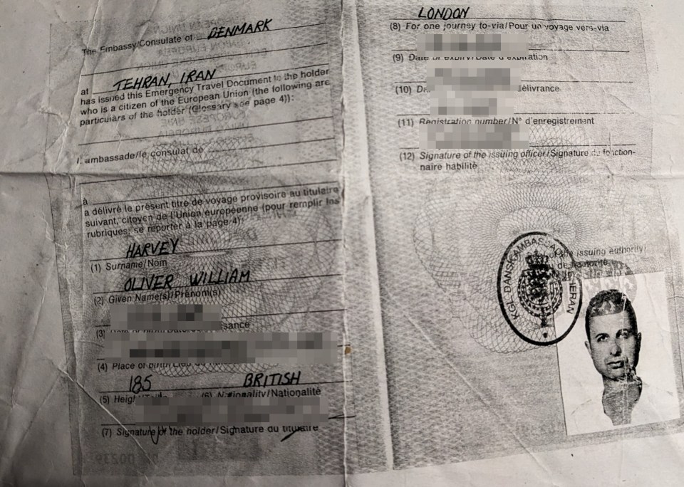 Emergency travel document issued in Tehran, Iran to a British citizen.