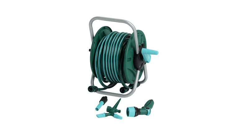 Garden hose reel with watering attachments.