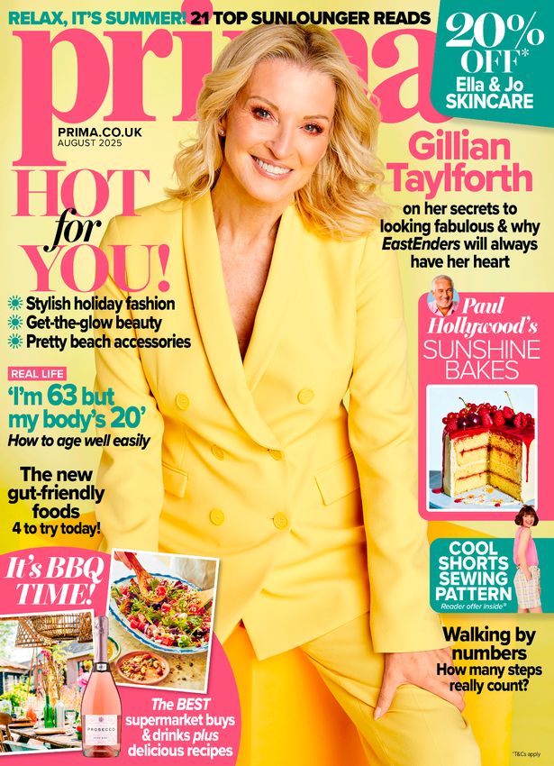 Gillian Taylforth in a yellow suit on the cover of Prima magazine.