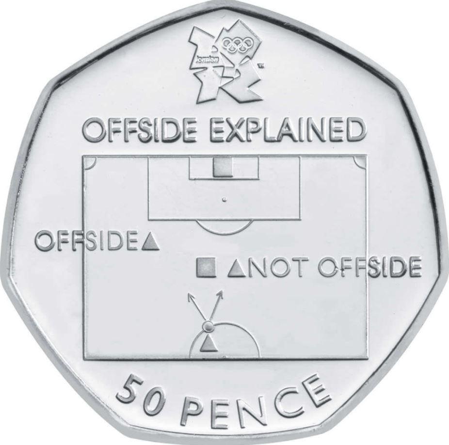 a silver coin with the words offside explained on it