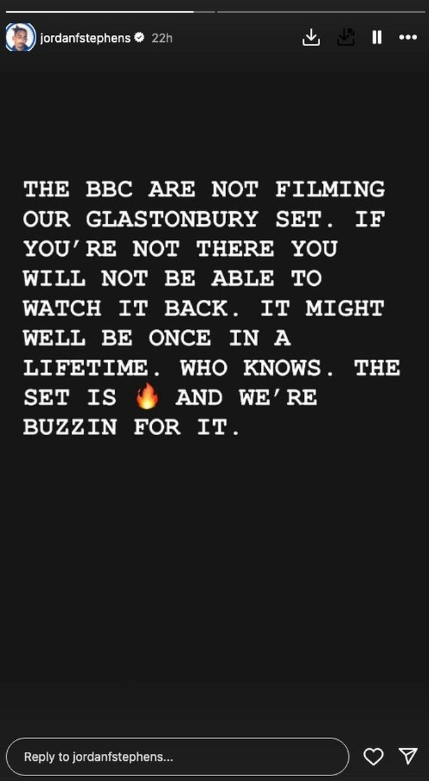 Statement shared by Jordan Stephens telling fans that Rizzle Kicks' Glastonbury 2025 set would not be filmed by the BBC.