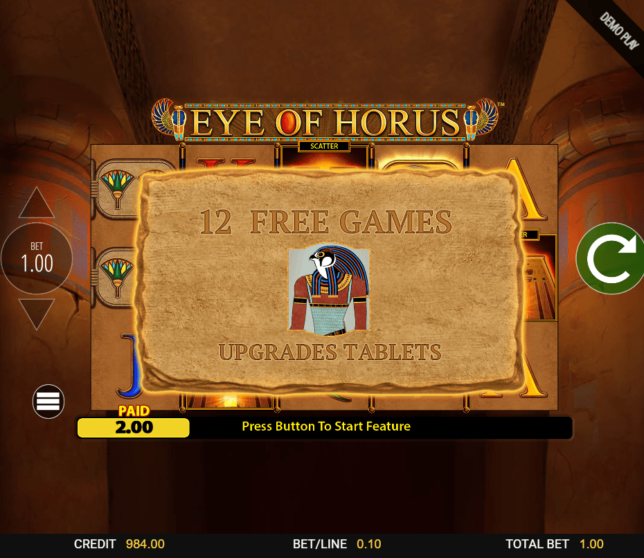 Eye of Horus slot game showing 12 free games and upgrades tablets.