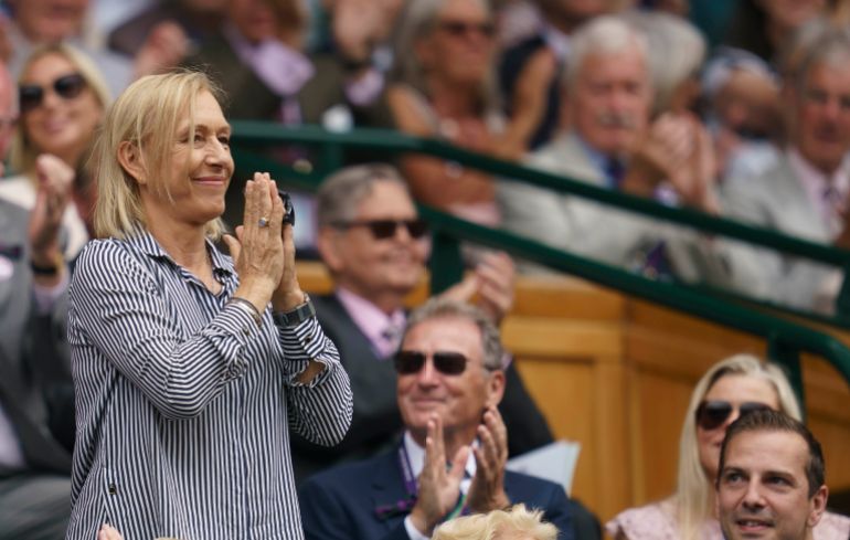 Jul 6, 2019; London, United Kingdom; Martina Navratilova in attendance in the Royal Box for the Ashleigh Barty (AUS) and Harriet Dart (GBR) match on day six at the All England Lawn and Croquet Club. Mandatory Credit: Susan Mullane-USA TODAY Sports