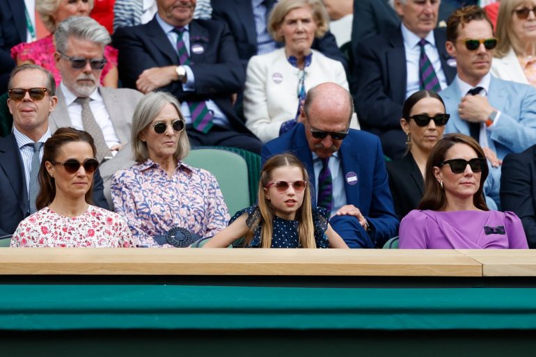 Jul 14, 2024; London, United Kingdom; HRH The Princess of Wales watches from the Royal Box with her daughter HRH Princess Charlotte of Wales (M) and sister Mrs. Pippa Matthews (L) during the match between Carlos Alcaraz (ESP) and Novak Djokovic (SRB)(both not pictured) in the gentlemen's singles final of The Championships Wimbledon 2024 at The All England Lawn Tennis and Croquet Club. Mandatory Credit: Geoff Burke-USA TODAY Sports