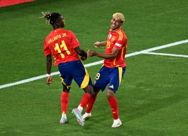 Nations League - Semi Final - Spain v France - MHPArena, Stuttgart, Germany - June 5, 2025 Spain's Lamine Yamal celebrates scoring their third goal with Spain's Nico Williams