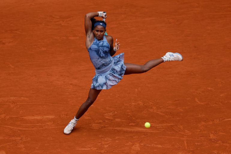 Coco Gauff of the U.S. in action during the women's singles final against Belarus' Aryna Sabalenka