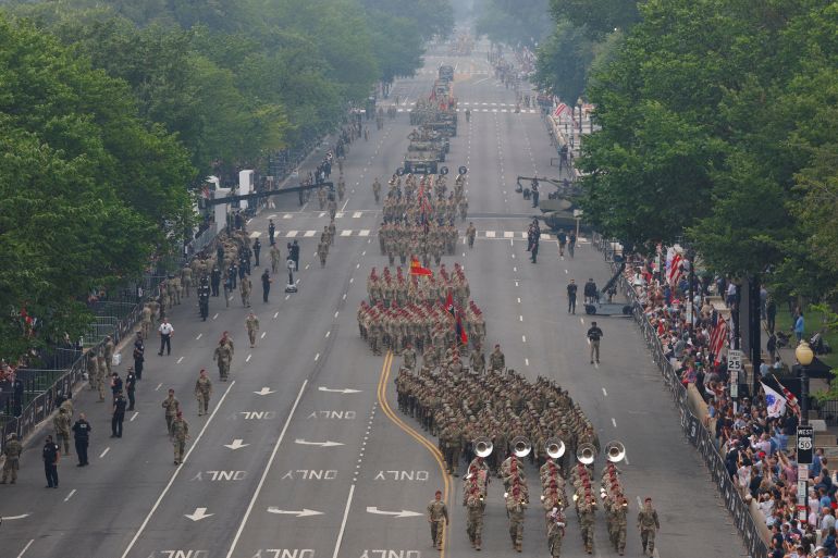 Soldiers march during a military parade to commemorate the U.S. Army's 250th Birthday in Washington, D.C., U.S., June 14, 2025. REUTERS/Brian Snyder?