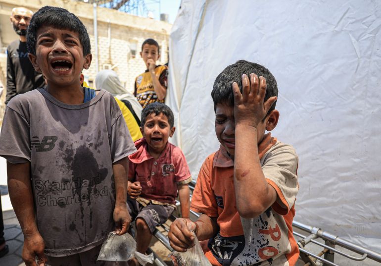 GAZA CITY, GAZA - MAY 29: Wounded Palestinians, including children and babies, are brought to the al-Ahli Baptist Hospital after attack by the Israeli military on the Zaytoun Quarter of Gaza Strip on May 29, 2025. ( Dawoud Abo Alkas - Anadolu Agency )