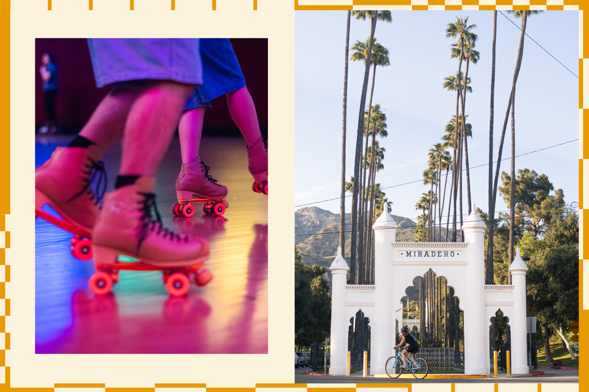 Side by side photos with two people roller skating and a person riding a bike past a row of palm trees 