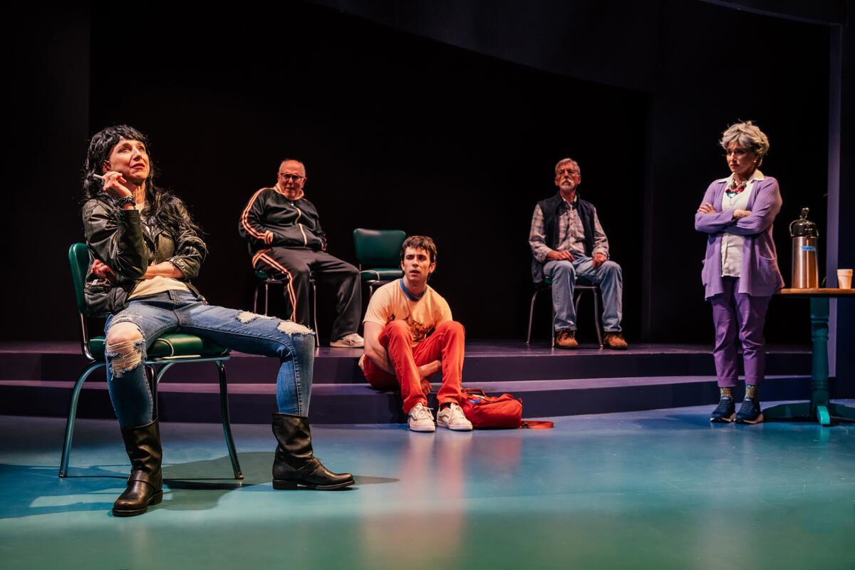 Marin Hinkle, left, Lee Wilkof, Jake Horowitz, Geoffrey Wade and Liz Larsen in "The Reservoir."