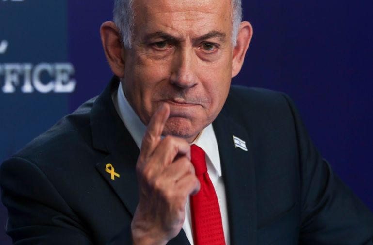 Israeli Prime Minister Benjamin Netanyahu speaks during a press conference in Jerusalem, Wednesday, May 21, 2025. (Ronen Zvulun/Pool Photo via AP)
