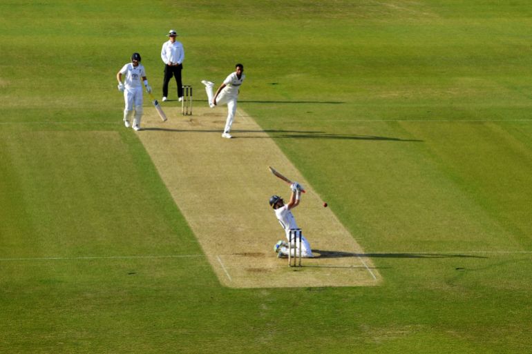 Ollie Pope of England bats from a Prasidh Krishna delivery during Day Two of the 1st Rothesay Test Match between England and India