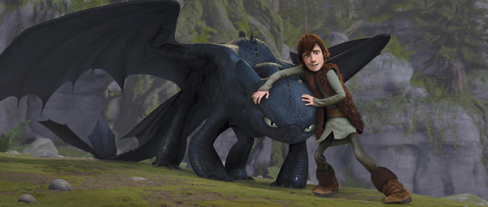 A boy shields his dragon from harm.