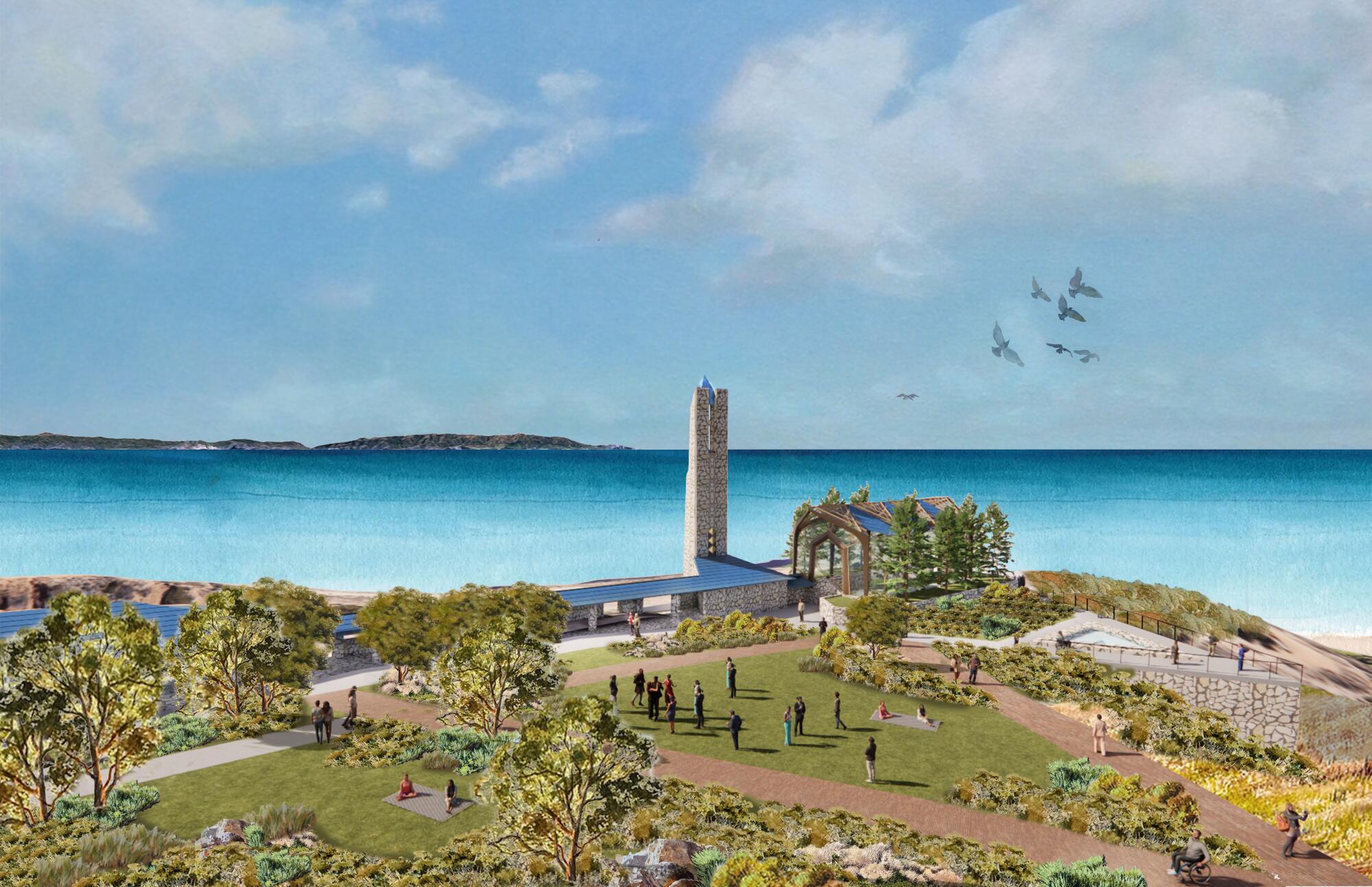 A watercolor-style rendering shows a glass and timber chapel and a stone tower sit on a bluff overlooking the ocean.