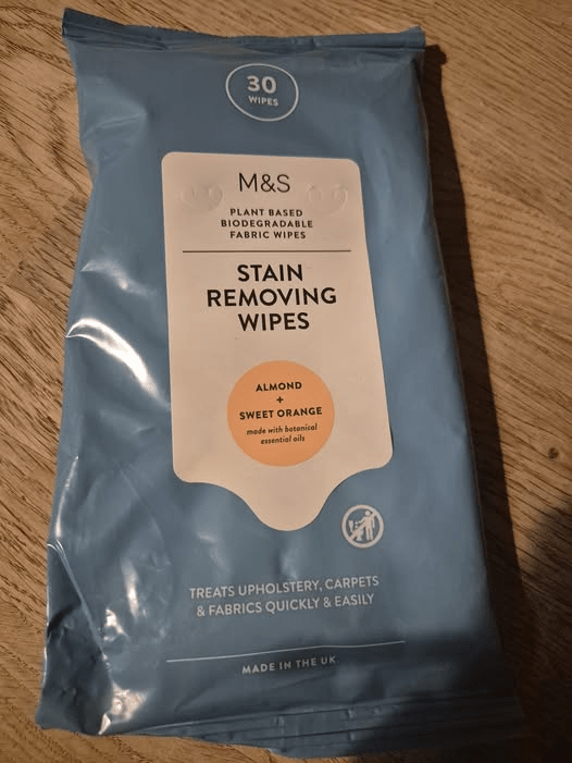 Package of M&S almond and sweet orange stain removing wipes.