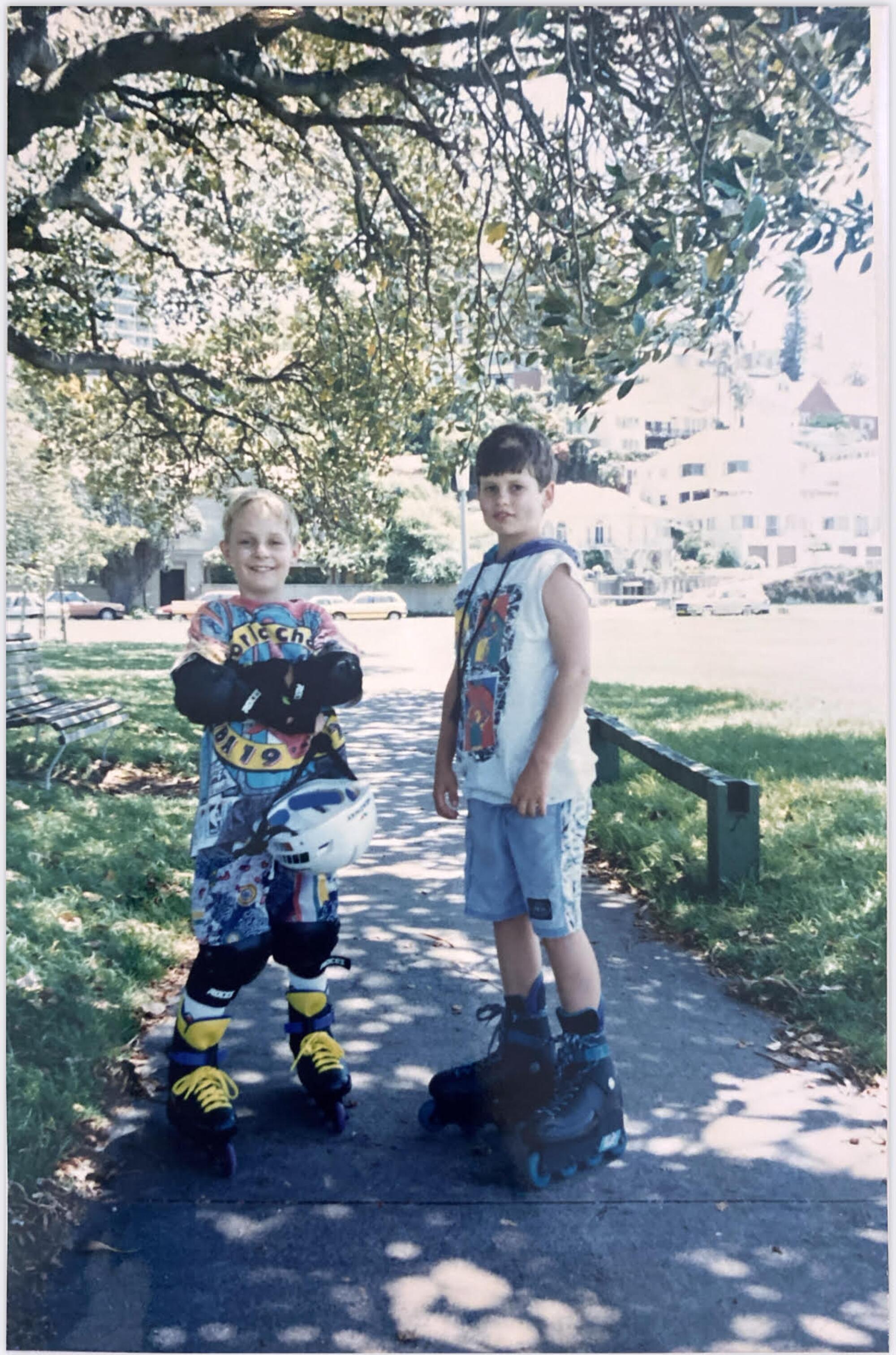 Will Burroughs and  James Garvan as young boys on rollerblades
