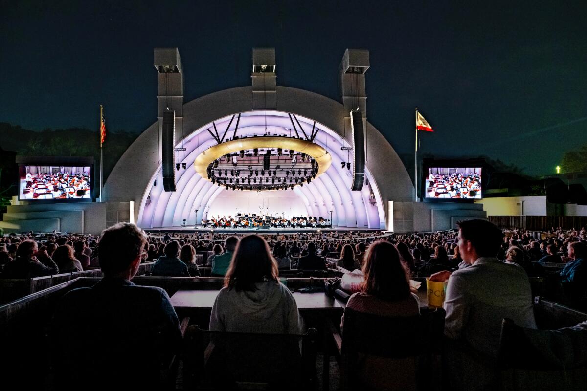 Patrons enjoy an evening at the Hollywood Bowl.