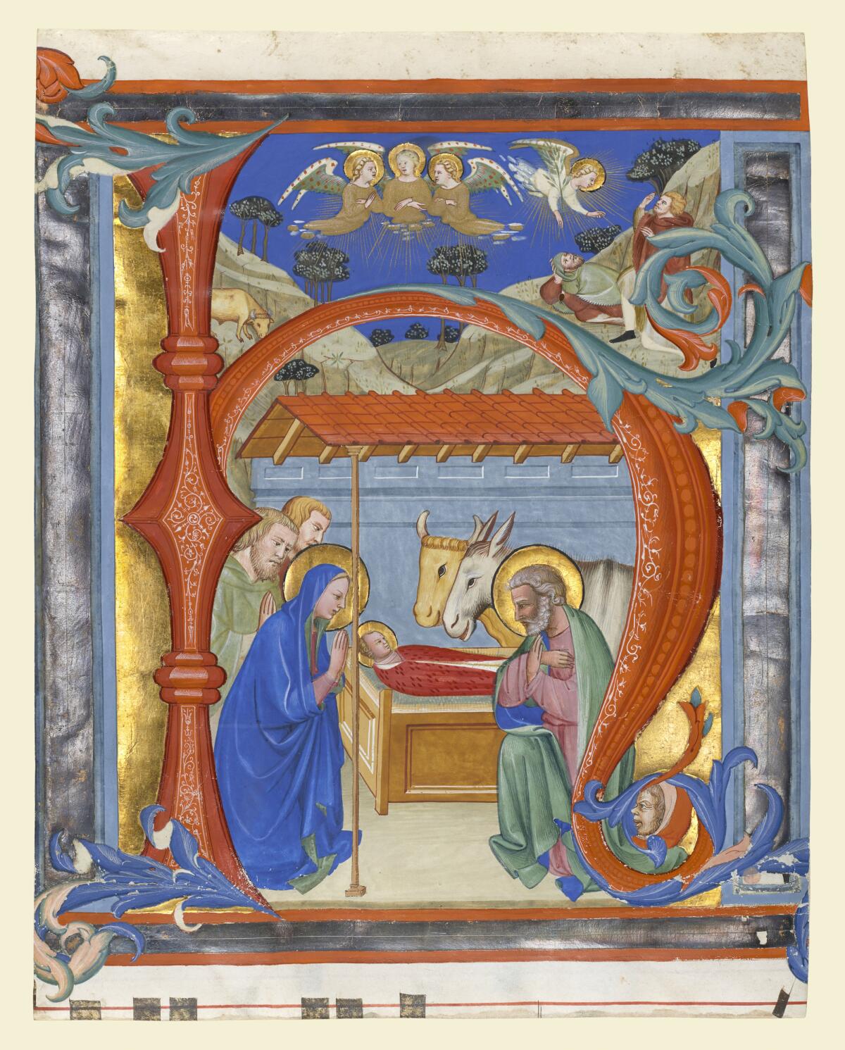 A 15th century Italian manuscript leaf depicting the Nativity scene within the initial H.