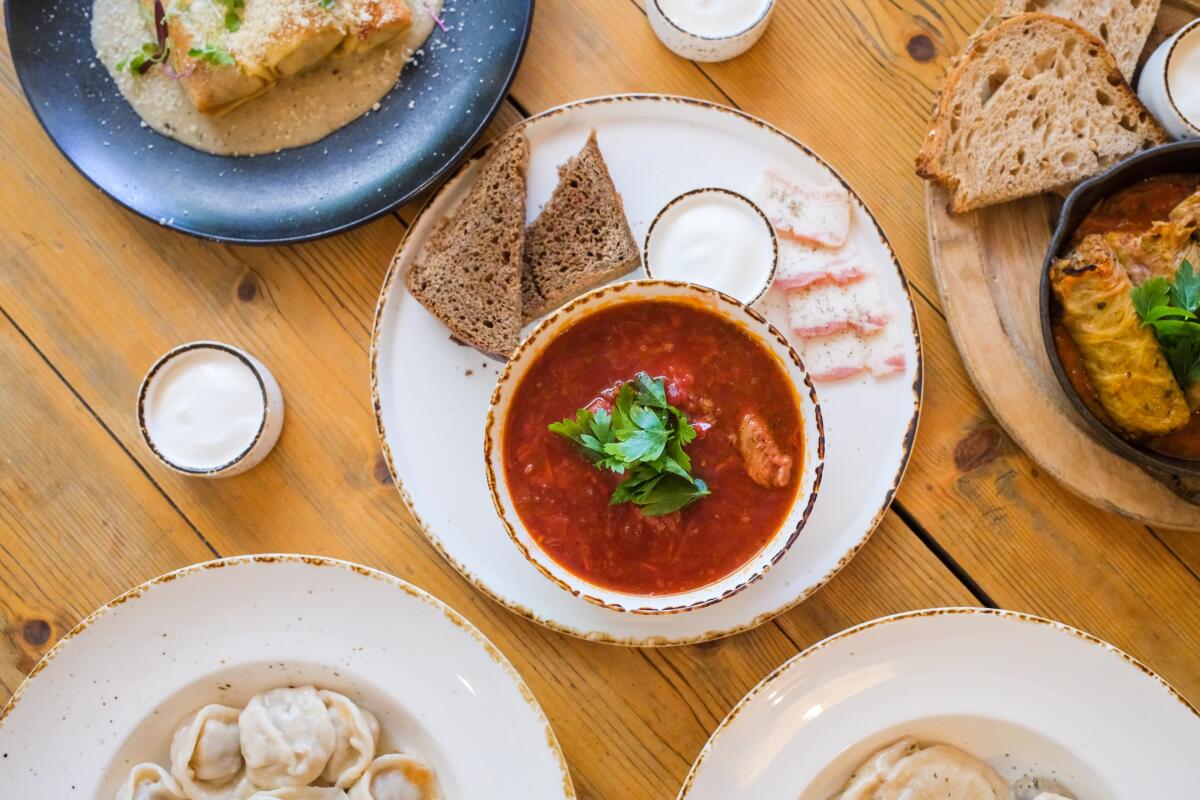 Borsht (center) and other Ukrainian dishes at Fusion Kitchen LA