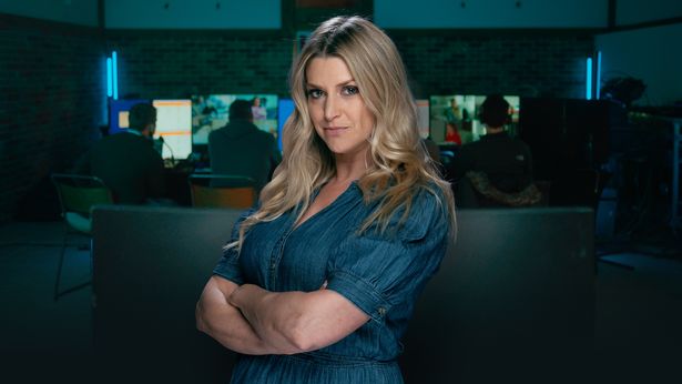 Anna Williamson in a denim dress in a promo photo for the Great British Phone Switch.