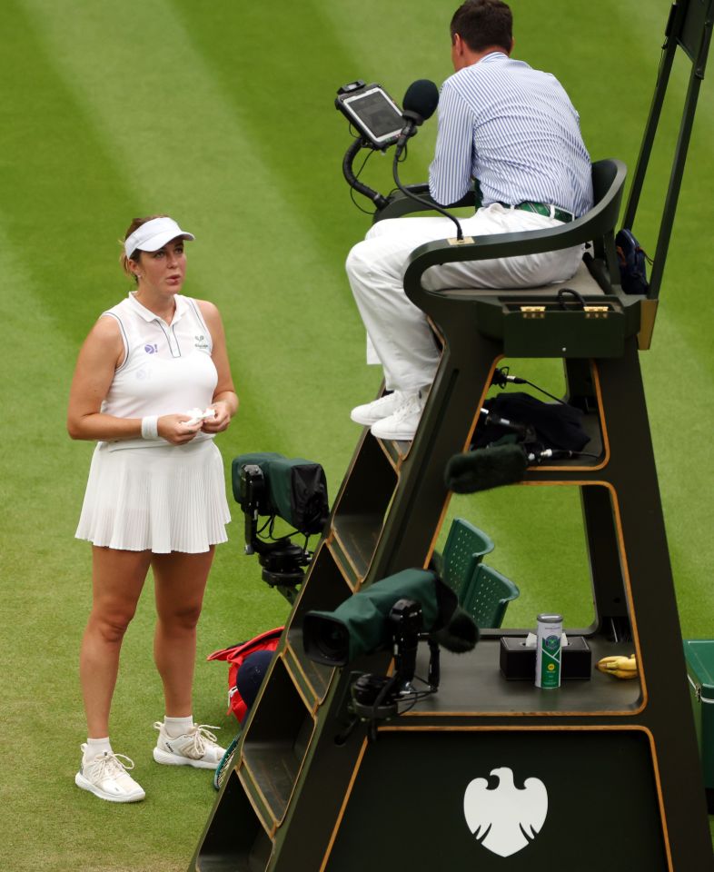 Tennis player Anastasia Pavlyuchenkova speaks with the umpire.