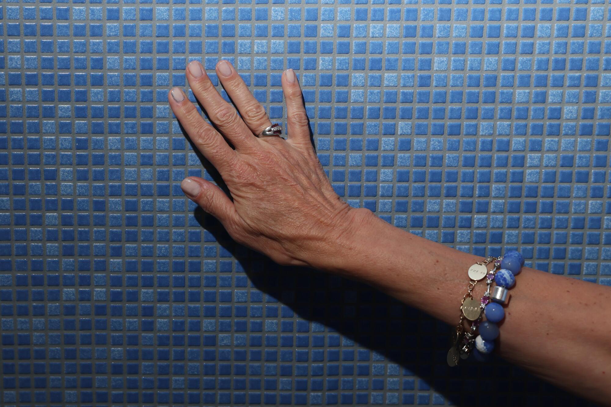 The right hand of Janet Marie Smith, the Dodgers' executive vice president of planning and development, brushes the tiles.