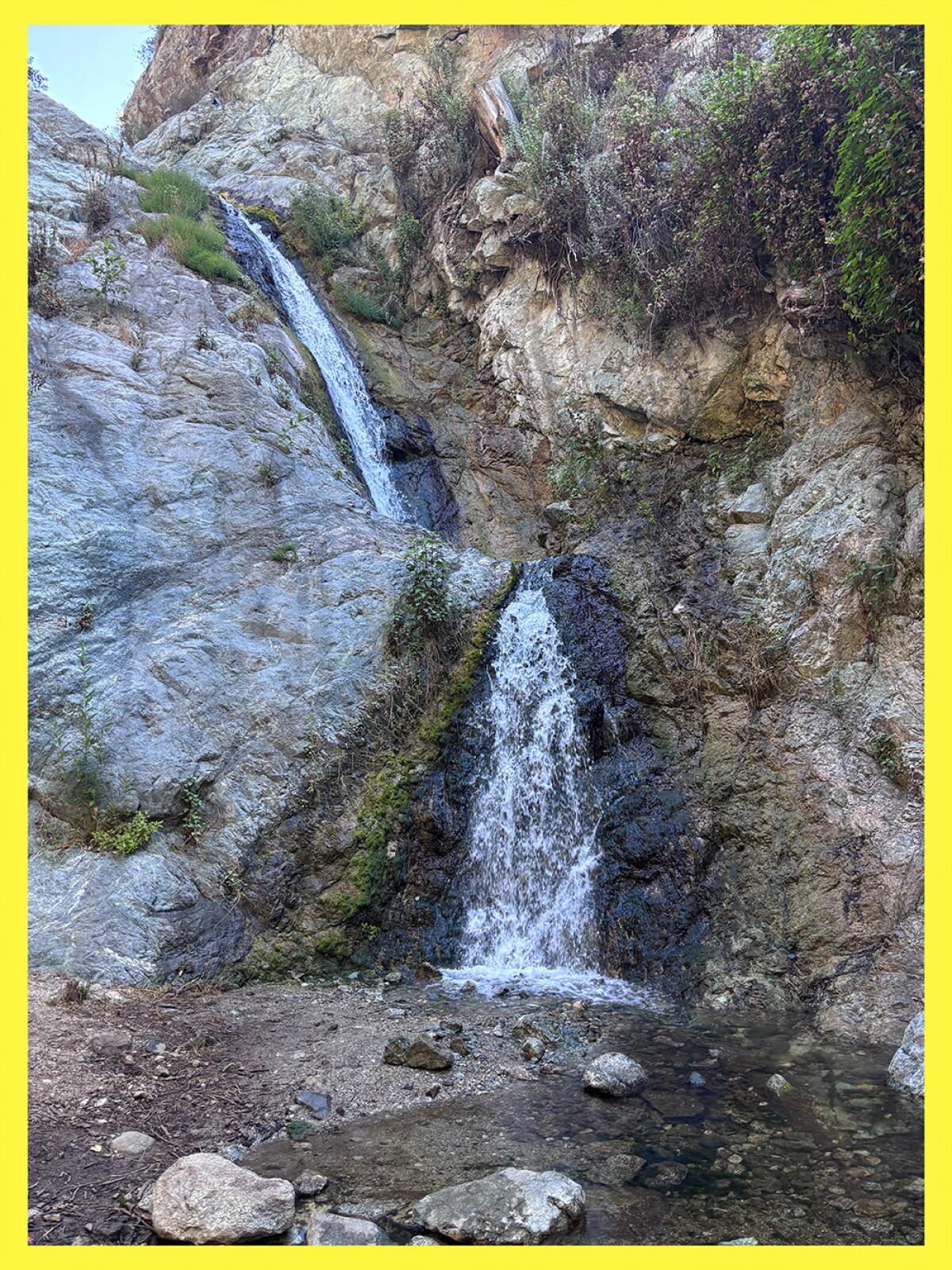 A 30-foot waterfall trailing down rocks.