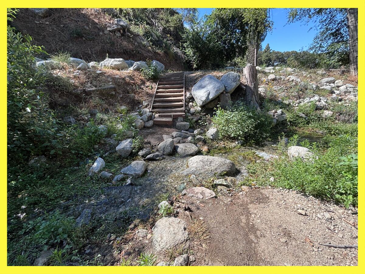 Wooden stairs to a water crossing on the path to the waterfall.
