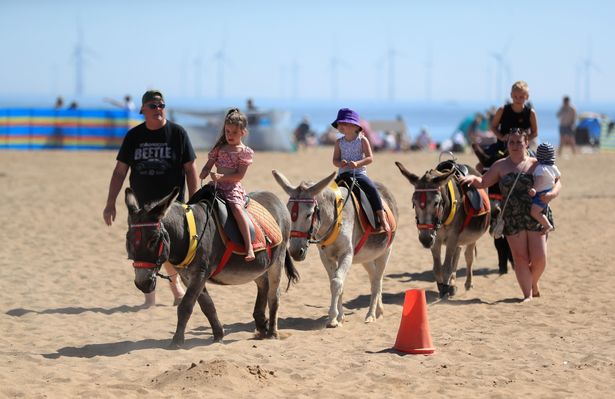 Children on donkey rides on Skegness Beach Skegness Beach, as the UK could see record-breaking temperatures with forecasters predicting Friday as the hottest day of the year. PA Photo. Picture date: PA Photo. Picture date: Friday August 7, 2020. See PA story WEATHER Hot. Photo credit should read: Mike Egerton/PA Wire