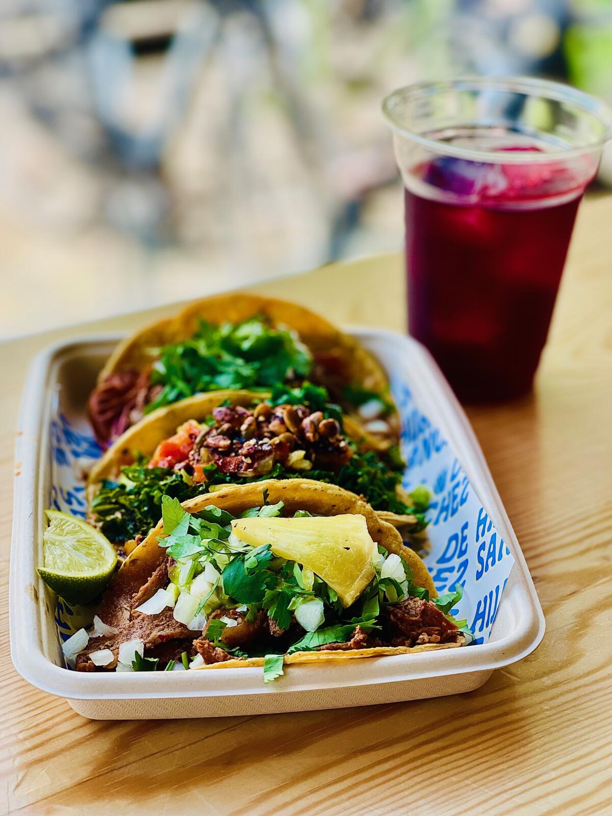Al pastor, barbacoa and vegetarian tacos at Rosio Sanchez's Copenhagen taqueria Hija de Sanchez.