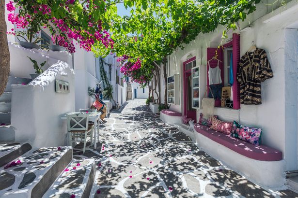 Naousa, Paros, Greece - July 2021: Main tourist village of Paros island