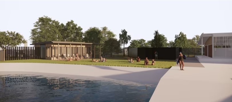 Illustration of West Reservoir Centre improvements, showing a new building and people relaxing by the water.