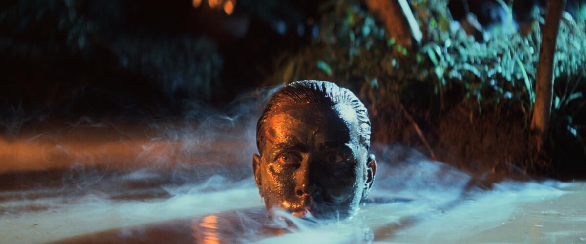 A man rises from smoky water.