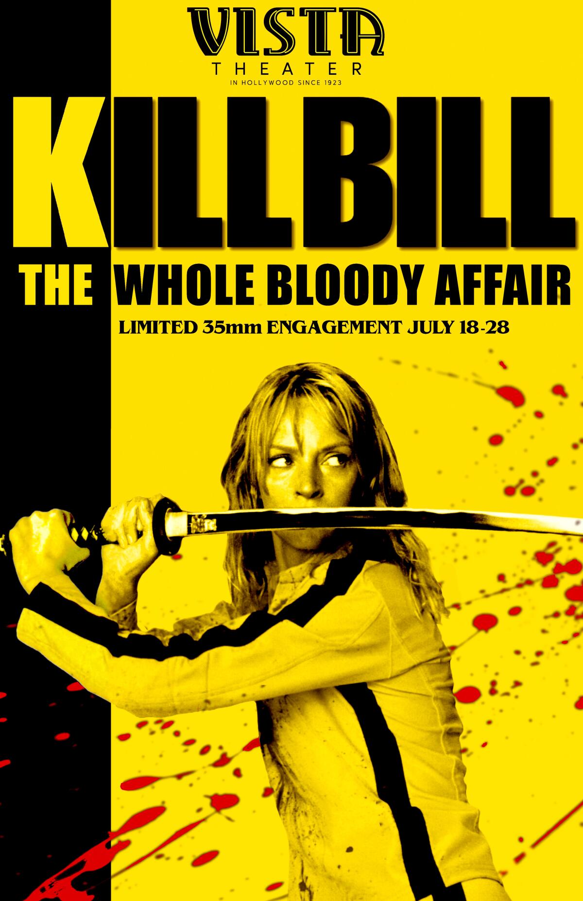 A yellow poster shows a woman carrying a katana blade.