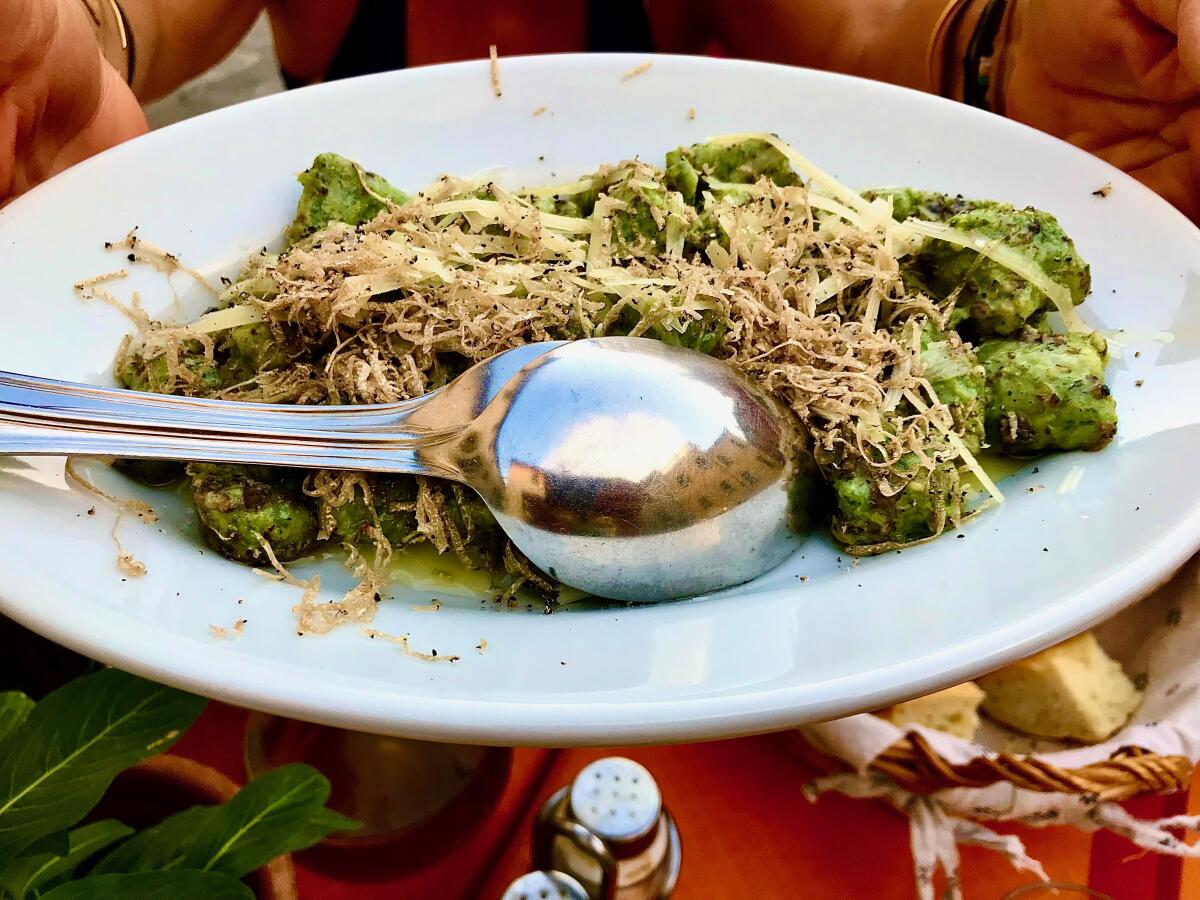 Gnudi made with nettles at Massimo Giavannini's Osteria La Vecchia Rota in the Italian town of Marciano della Chiana.