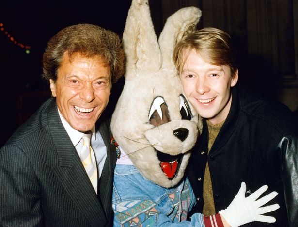 Andy Crane pictured with Lionel Blair and the Jive Bunny 