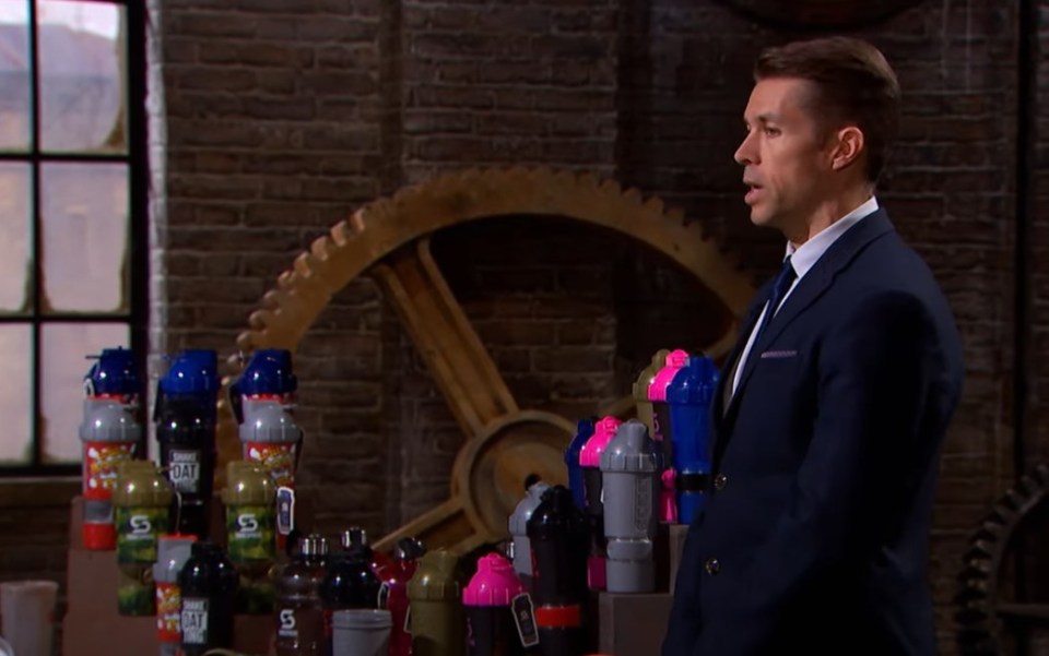 Rick Beardsell on Dragons' Den, surrounded by protein shakers.