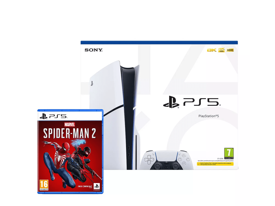 PlayStation 5 console with Spider-Man 2 game.