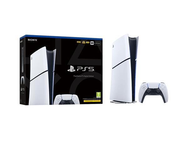 PlayStation 5 Digital Edition console, controller, and packaging.