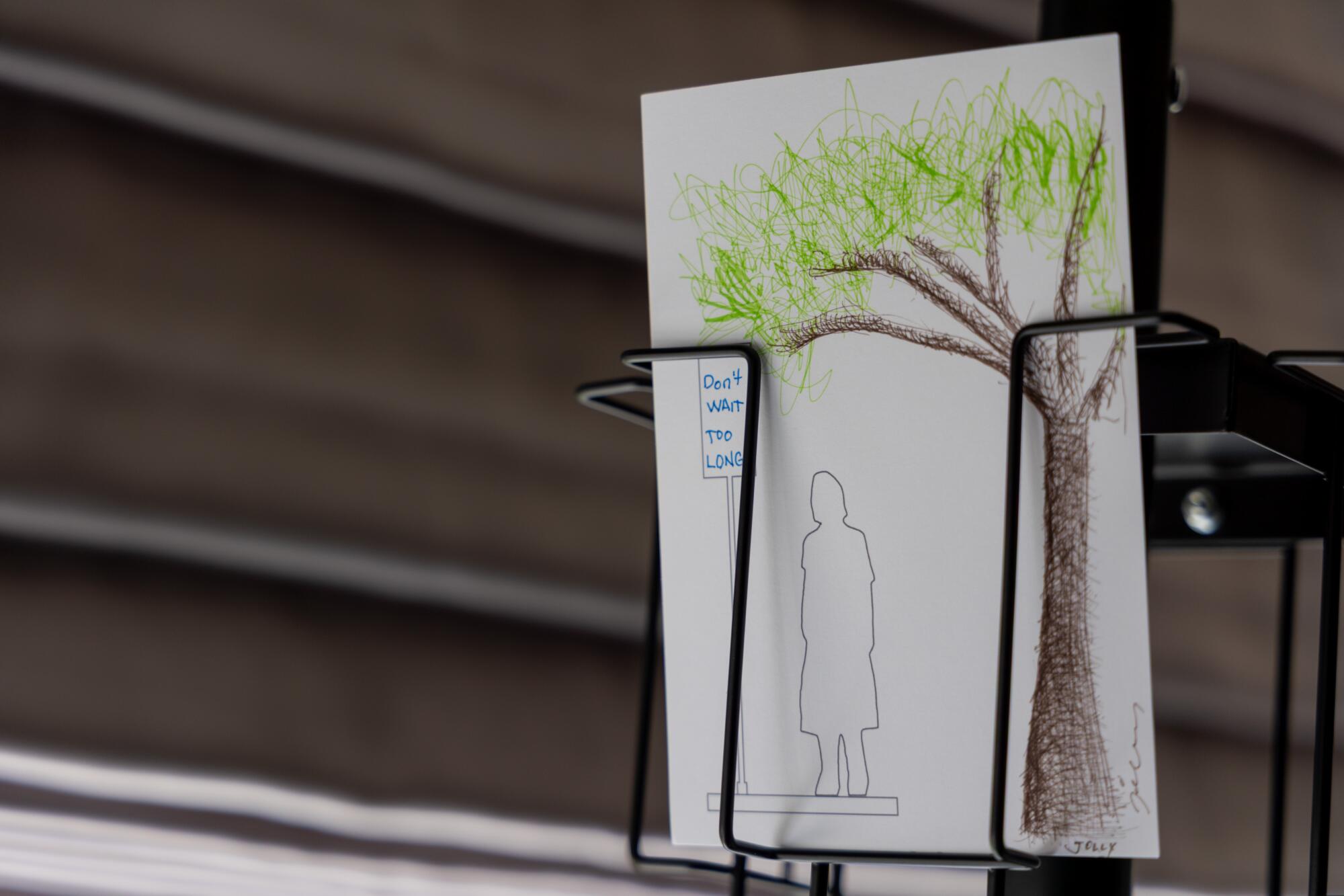 A drawing of a bus stop shade at new exhibition "Roots of Cool: A Celebration of Trees and Shade in a Warming World"