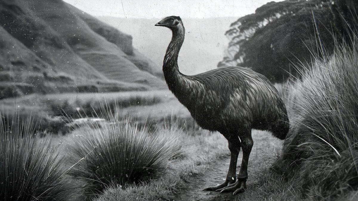 A large bird stands in a valley.