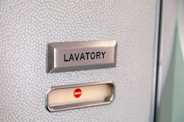 Vacant red sign, occupied symbol on an airplane lavatory door. Raised, brushed metal lavatory sign, recessed plastic vacant sign. Toilet room, wc, water closet on airplane board
